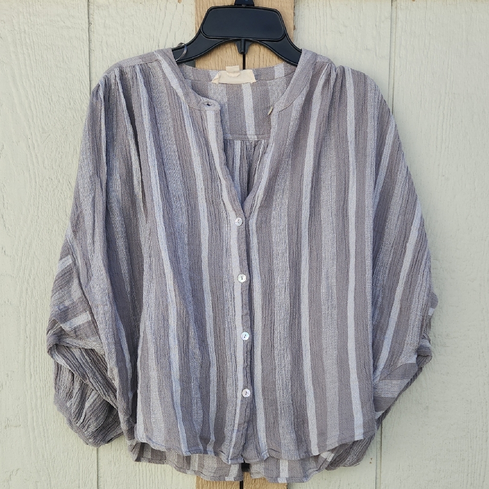 lovestitch Striped Button-Front Blouse in Gray and White